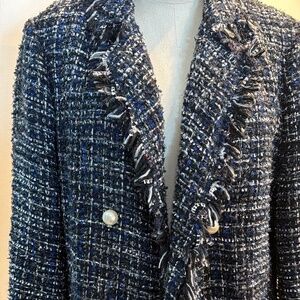 Zara navy blue double breasted blazer with tweed fringe detail and pearl buttons